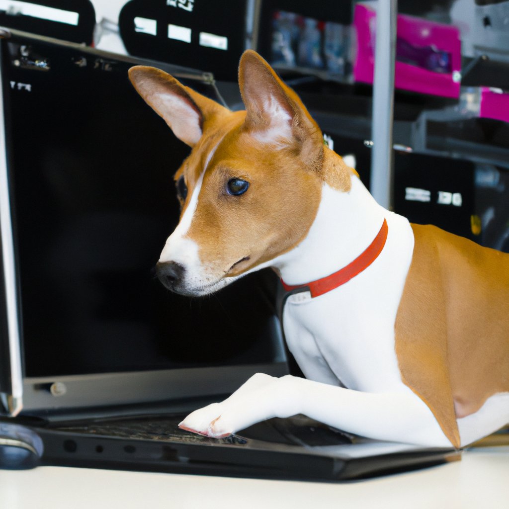 TechieDogs's tweet photo. Basenji dog progamming at Video Store with a Dell Latitude. #TechieDogs https://t.co/jsIRJgkQBe