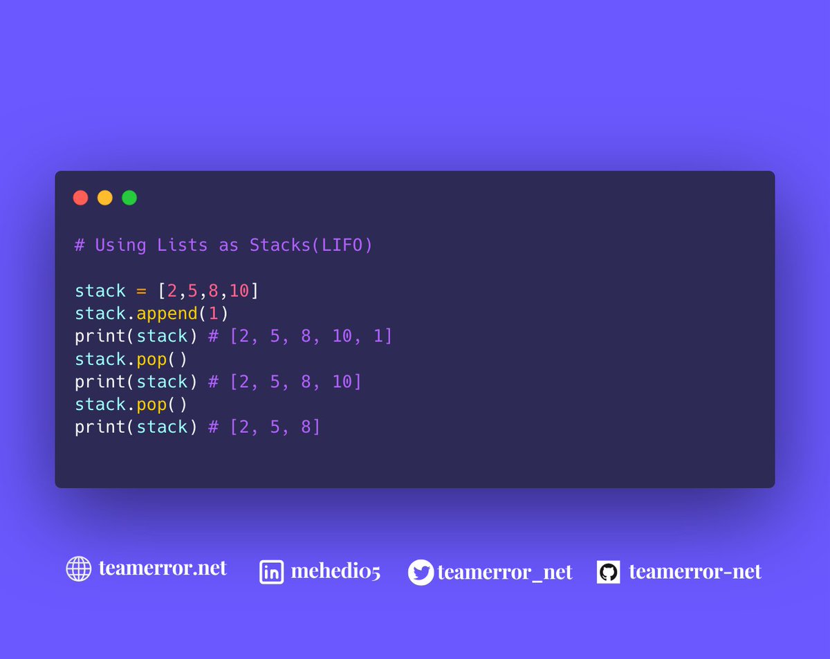 teamerror_net's tweet image. Data Structures
Topic: Using Lists as Stacks (LIFO)
#List #Data_Structure #Python #datastructures