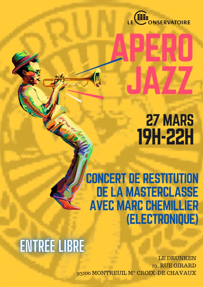 DigitalJazz1's tweet photo. Demain lundi 27 mars 2023 à 19h, masterclasse de @ChemillierM avec le logiciel Djazz et les brillants élèves de la classe de @MaciekLASSERRE au Conservatoire de Montreuil.  Restitution le soir à 19h au café le Drunken, 19 rue Girard à Montreuil. https://t.co/BFCQjgWKIz