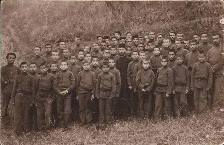 Gomidas Vartabed with Kevorkian Seminary choir, 1905 April, Tbilisi.