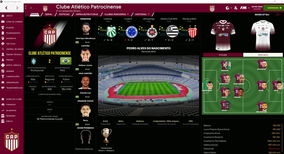 rique_mendonca's tweet photo. Enjoei do meu save de FM do Wrexham. Foi belo enquanto durou, chegamos as quartas da Champions! Porém, agora tenho um novo desafio, um save com a meta de levar o Clube Atlético Patrocinense, time da cidade do meu vô Zezé, ao título do Brasileirão #FM23 #VamosCAP🦅@PatrocinenseCAP https://t.co/MrdADlgtY4