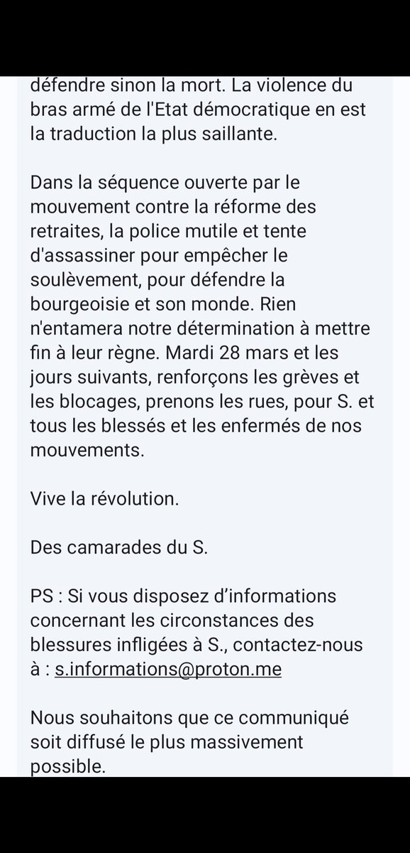 Communiqué au sujet de S., camarade au pronostic vital engagé à la suite de la manifestation de Sainte-Soline
nantes.indymedia.org/posts/86473/co…