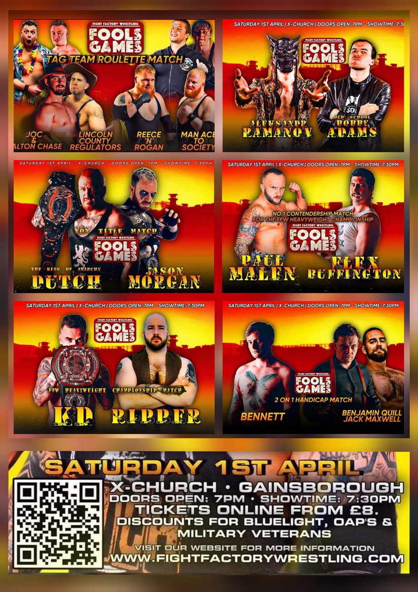 Not long to go until @FFWrestlingUK presents FOOLS GAMES @ X Church in Gainsborough - April 1st
Doors @ 7pm

Tickets still available over at fightfactorywrestling.com
#wrestling #britwrestling #britishwrestling #FFW #fightfactorywrestlinguk #ripper #edripper #xchurch #gainsborough