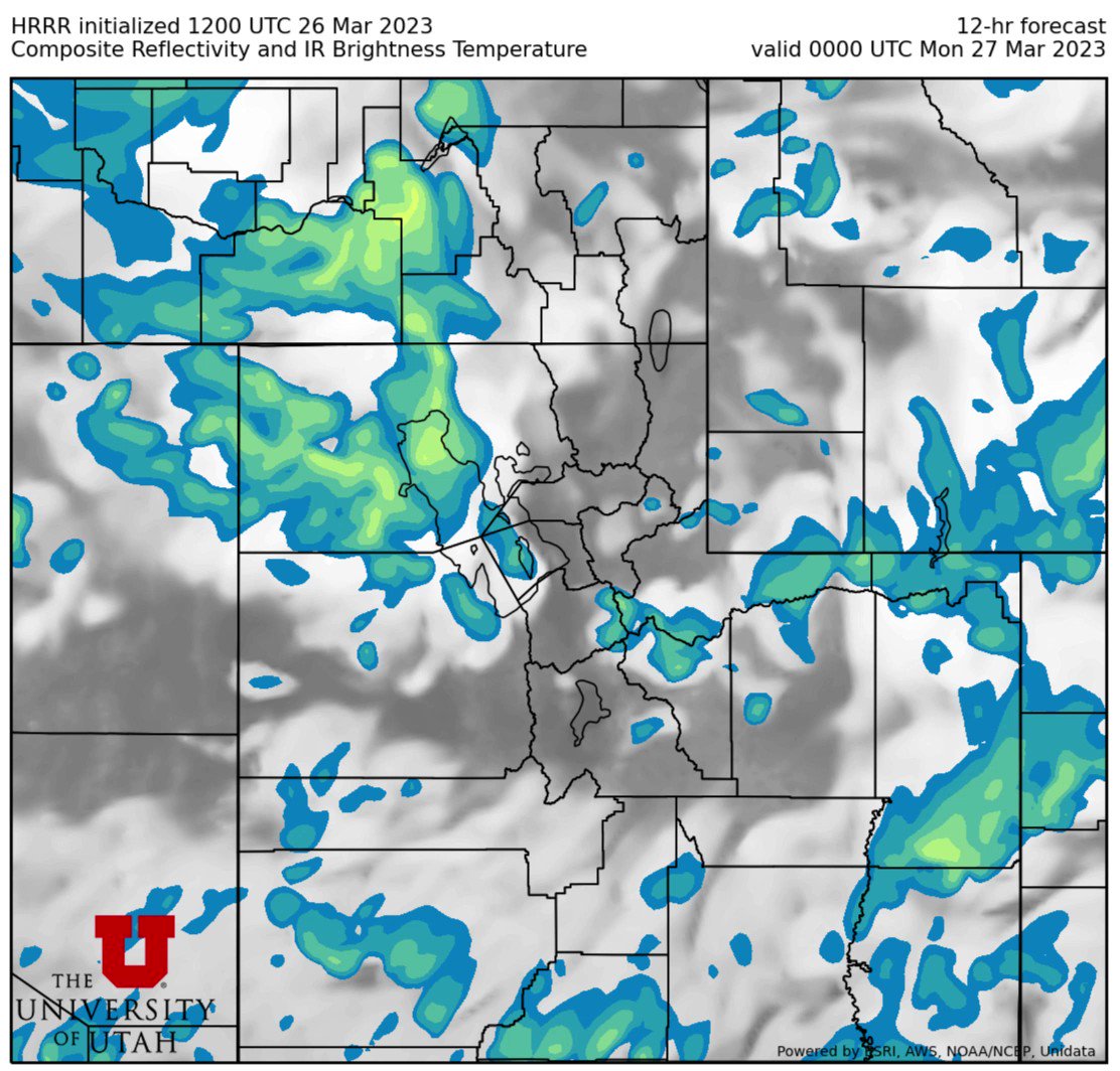 UtahWxMetGuy's tweet image. A #weather disturbance arrives tonight with another round of #snow for the #Wasatch Front. Radar/cloud forecast loop shows increasing snow showers by late evening, with lake band formation overnight. Best lake band "potential" is after midnight into Davis/Weber, shifting into the