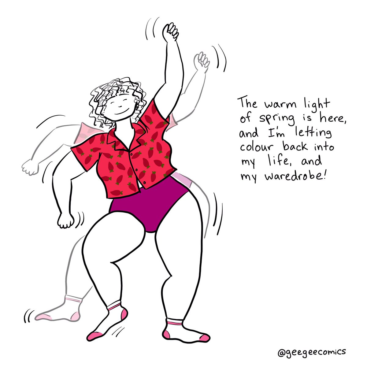 geegeecomics's tweet photo. Taking a break from some heavier #comics work to share a tiny moment about #dancing my new spicy shirt🌶️ 
#canadiancartoonist #femalecartoonist #undiesdance https://t.co/gXyFG1oVvZ
