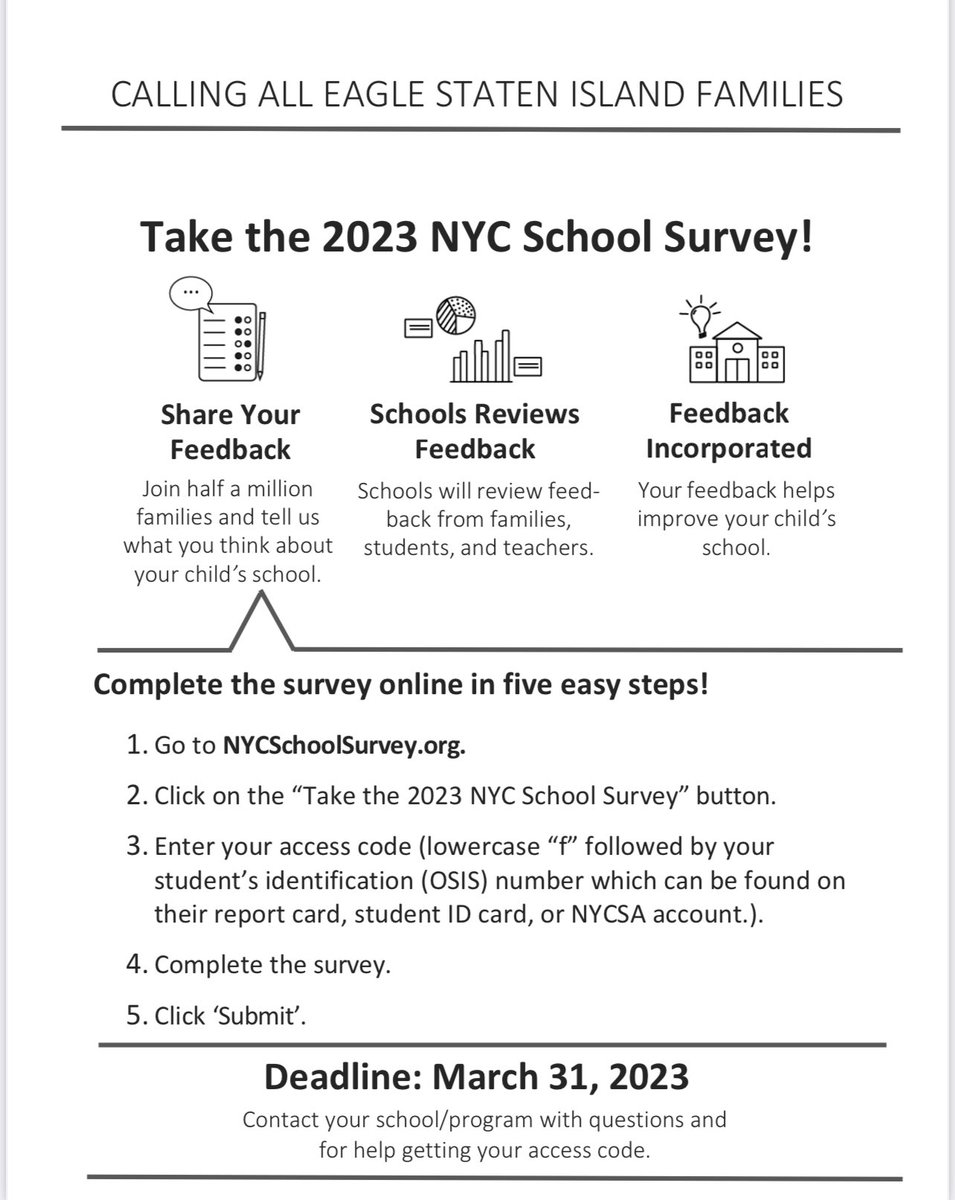 #NYCSchoolSurvey is open! Take your survey by Friday, March 31! NYCSchoolSurvey.org