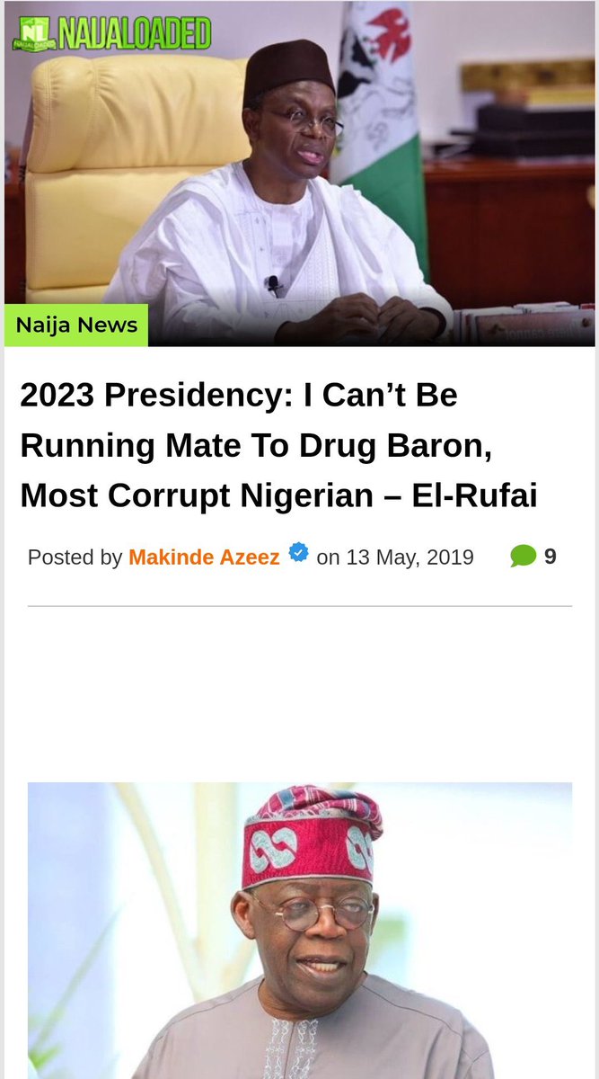 Sports_Doctor2's tweet photo. “You are Nothing but a drug baron”
- El Rufai to Bola Tinubu (12/05/2019)

“I can’t be a running mate to a drug baron, most corrupt Nigerian”
- El Rufai to Tinubu (11/05/2019)

These EVIL PEOPLE know who Bola Tinubu truly is but due to their selfish interest, they don't mind sacrificing the country.

Bola Tinubu can NEVER be my president.

#Tinubuisadrugbaron 
#TinubuTheDrugLord 
#TinubuIsNotMyPresident
