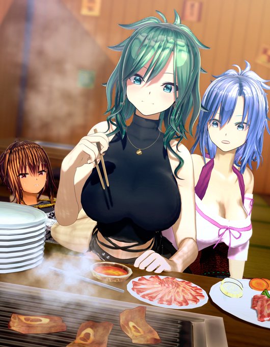 御題『焼肉  笑顔』竜族組で焼肉！影鰐はうちで随一の健啖家🍖#COM3D2#cm3d版深夜の真剣エディット60分一本勝負