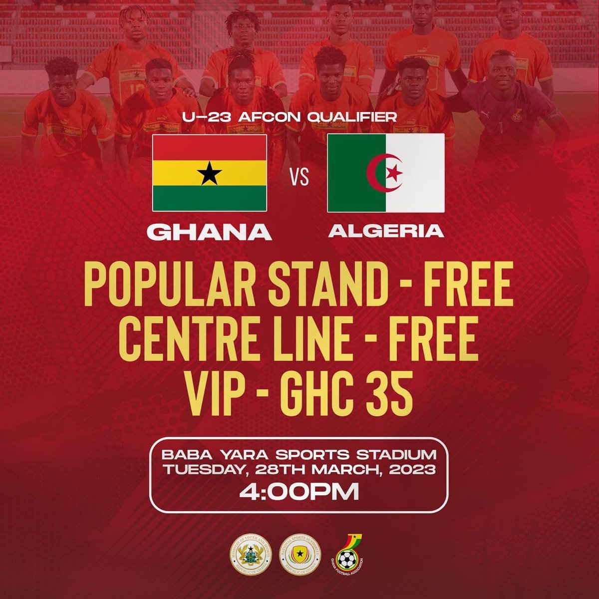 Pls come let’s finish it off: GHANA v ALGERIA U23AFCON qualifier. TUESDAY 28/03/2023 4pm #BabaYaraStadium #Kumasi