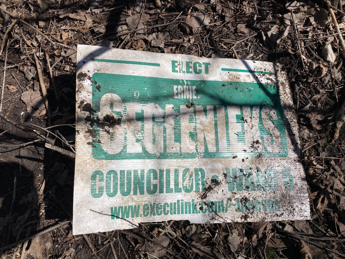 Came across a very old election sign during the ⁦@AntlerRvrRlly⁩ clean up at #WestminsterPondsESA today. I don’t even know what year (it’s pre-2014) this is from but it’s far from Ward 5. Anyone know? I’m curious. #ldnont