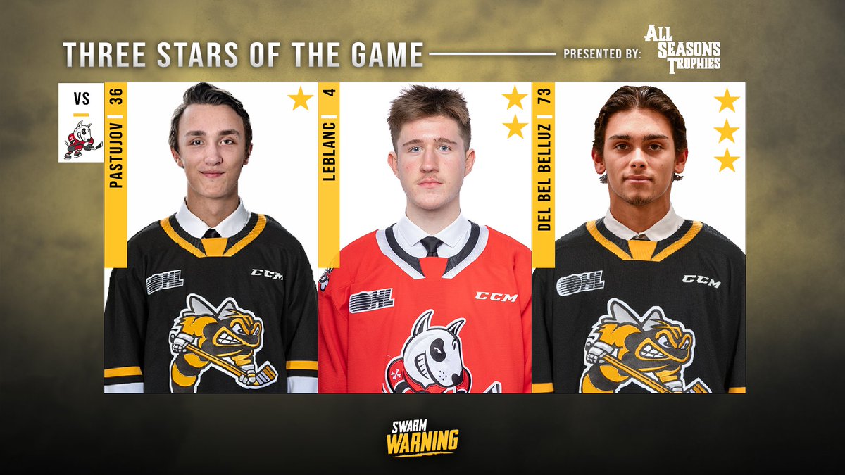 StingHockey's tweet photo. Your 3⭐️'s of the game presented by @AST_Sarnia
#SwarmWarning🐝 https://t.co/WVcrfjwTkT