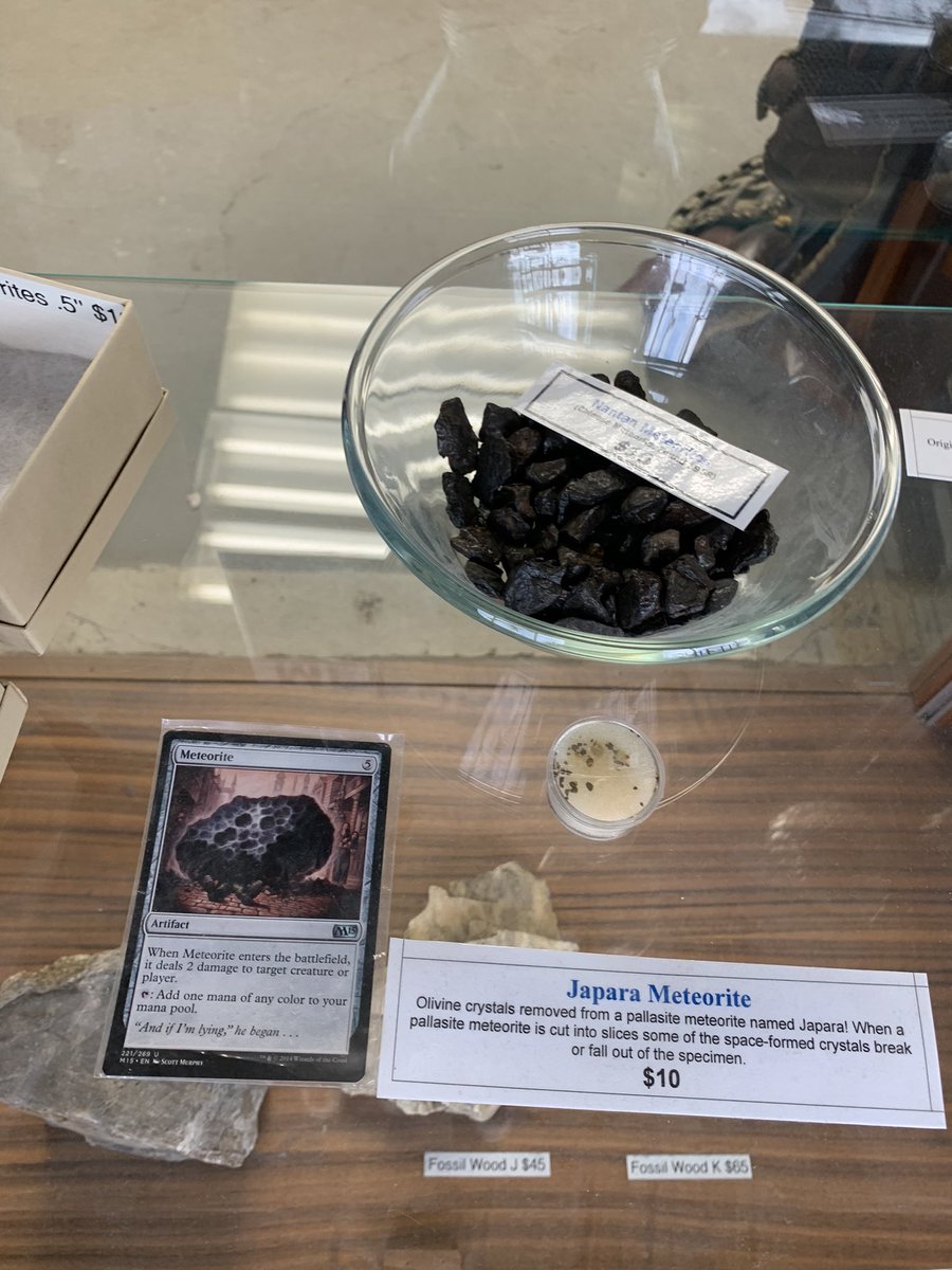 Rands posts about Magic: The Gathering history (@mtghistory) on Twitter photo Was at <a href="/Buy_Skulls/">SkullStore</a> in Toronto, Ontario this week. It’s a fascinating place & got an amazing tour by the resident Magician Jim (illusionist, not card game player)
One of my fav things was that there was the mtg card “Meteorite” next to a bunch of purchasable actual meteorites! Was at <a href="/Buy_Skulls/">SkullStore</a> in Toronto, Ontario this week. It’s a fascinating place & got an amazing tour by the resident Magician Jim (illusionist, not card game player)
One of my fav things was that there was the mtg card “Meteorite” next to a bunch of purchasable actual meteorites!