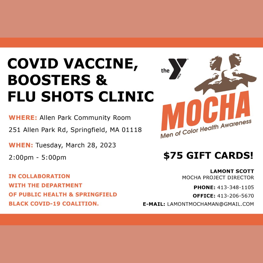 Save the date for the next COVID vaccine, boosters, and flu shots clinic on Tuesday, March 28th at the Allen Park Community Room on 251 Allen Park Road, Springfield, MA 01118.