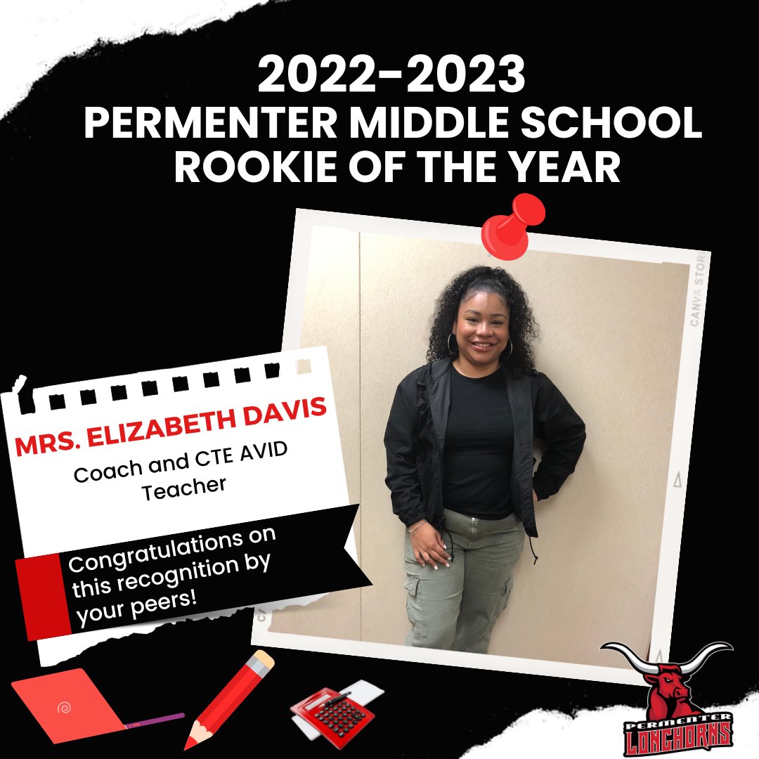 Congratulations to Coach Elizabeth Davis for being voted by her peers as Permenter Rookie of the Year! She develops and executes great learning opportunities for her AVID students! Congratulations Coach Davis! #PermenterPride