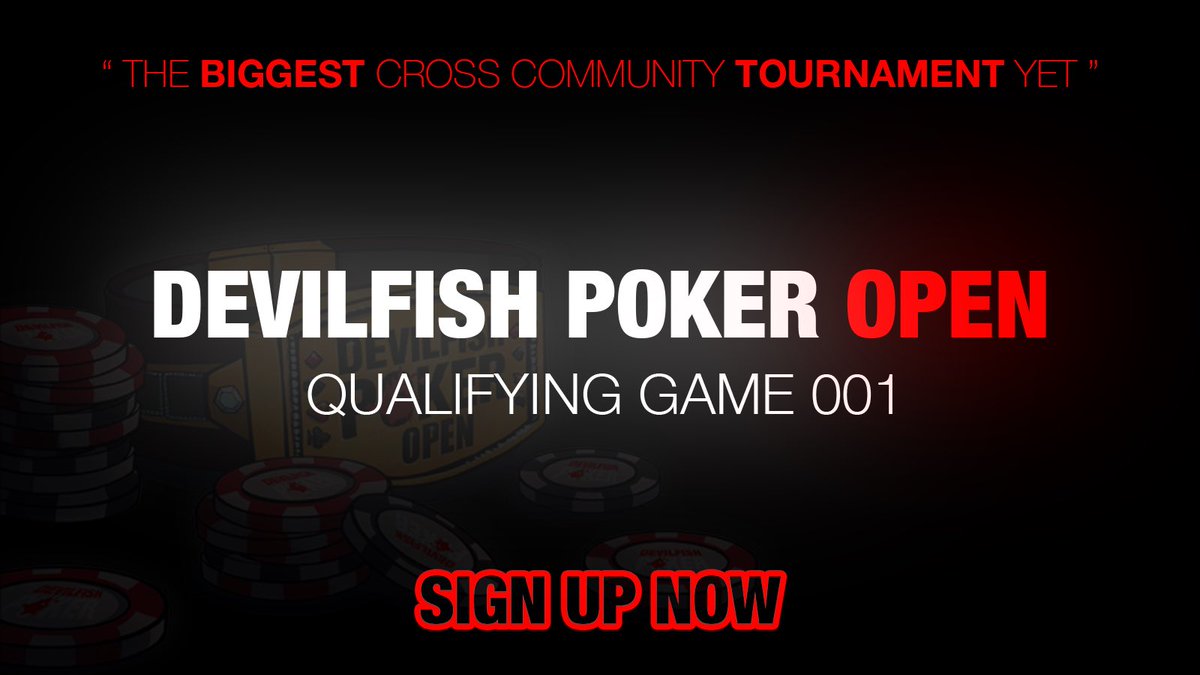 𝑫𝑬𝑽𝑰𝑳𝑭𝑰𝑺𝑯 𝑷𝑶𝑲𝑬𝑹 𝑶𝑷𝑬𝑵 | 𝑸𝑼𝑨𝑳𝑰𝑭𝒀𝑰𝑵𝑮 𝑮𝑨𝑴𝑬 

- THE BIGGEST CROSS-COMMUNITY TOURNAMENT YET + THE FIRST QUALIFYING GAME FOR OUR END OF SEASON MEGA TOURNAMENT -

⏳ | Tuesday, 28 March 2023 |  20:00 GMT

𝑺𝑰𝑮𝑵 𝑼𝑷  | pokernow.club/mtt/devilfish-…

1/2 👹