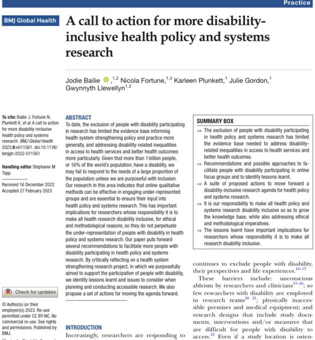UCRH researcher @JodieBailie1 proposes a suite of actions to facilitate more people with disability participating in health policy and systems research @GlobalHealthBMJ @syd_health gh.bmj.com/content/8/3/e0…