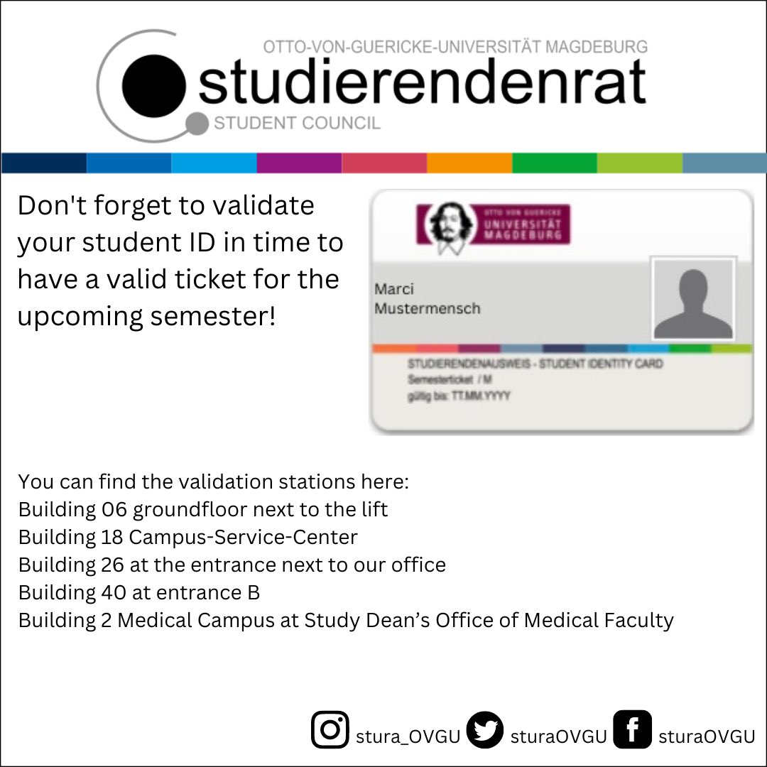 Liebe Studis,
Vergesst nicht, eure Studiausweise rechtzeitig zu validieren, um nicht mit einem ungültigen Ticket zu fahren.
Euer Stura 😊
Dear students,
Don’t forget to validate your student Id in time to avoid traveling with an invalid ticket. 
Your student council 😊