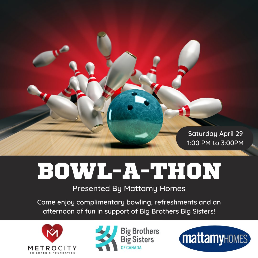 On April 29th we’re hosting the MetroCity Children's Foundation Bowl-A-Thon presented by Mattamy Homes to raise funds for Big Brothers Big Sisters of Ottawa. 🎳

Admission is FREE! Let's make a difference in the lives of children. 🤩

#MetroCityFoundation #MattamyHomes #BBBS
