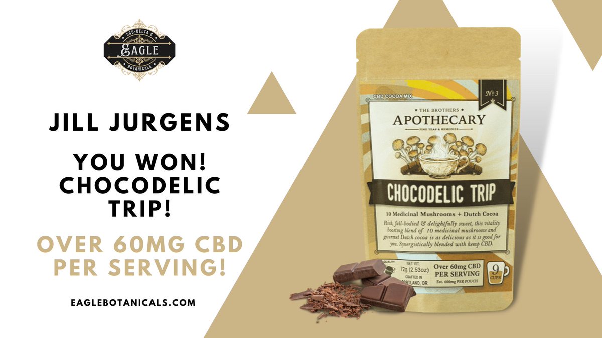 Jill Jurgens, You WON!!!
Chocodelic Trip | CBD Hot Chocolate Mix!!!
The #1 Rated CBD Hot Cocoa for Sleep, Relaxation & Relief
Place an order today for a chance to WIN Free products!
eaglebotanicals.com
#Giveaways #cbd #cbdmushrooms #cbdgummies