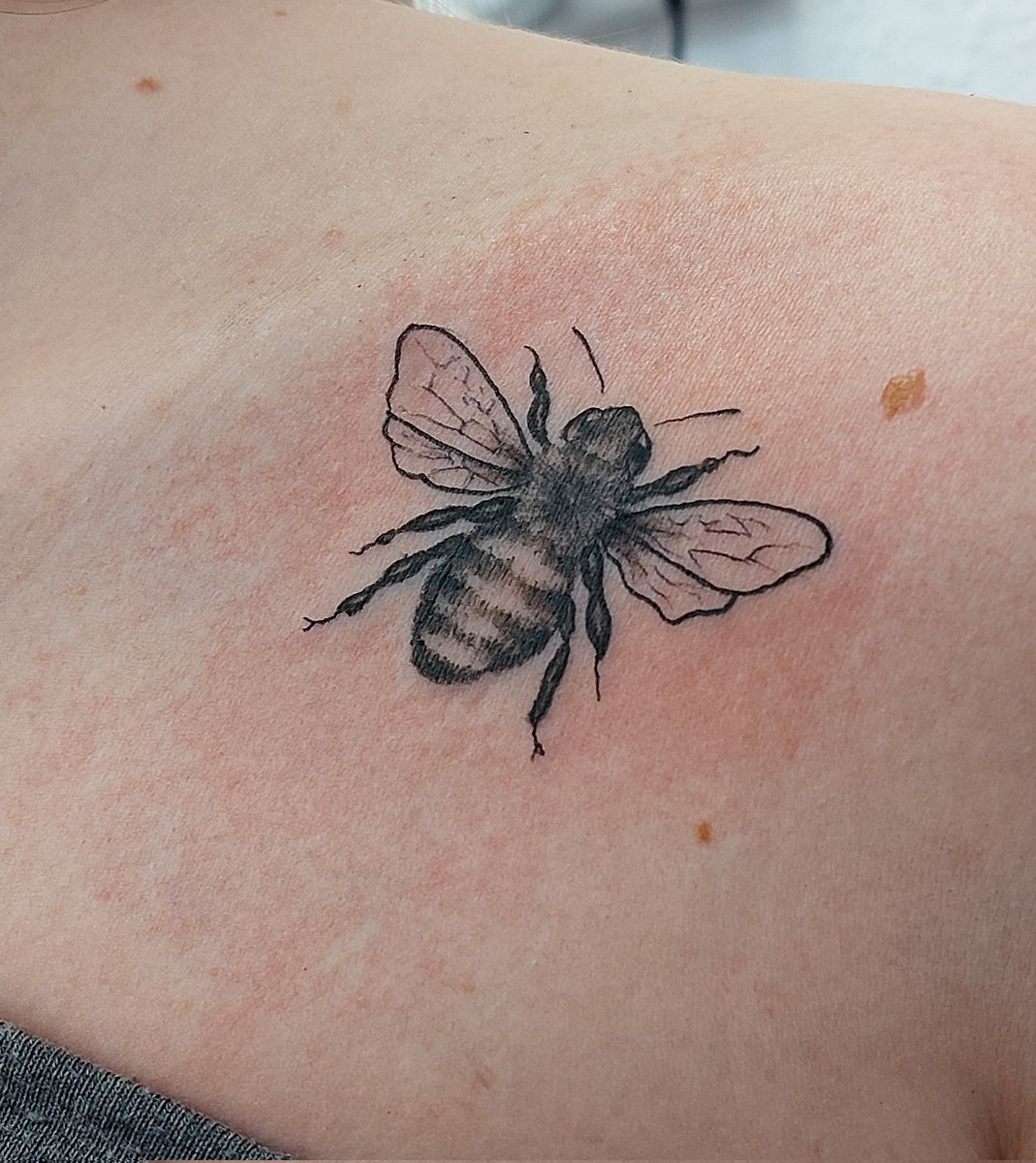 TwistedReaper22's tweet photo. Cute little bee tattoo.
#dynamicink #killerinksupplies #bee #tattoo #tattooedwomen #smalltattoo #maryport #cumbria #westcumbria #blackandgrey #beefan #tattooartist https://t.co/WYEgswwINn
