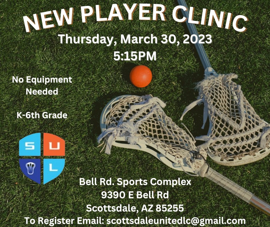 Want to try the fastest game on two feet? Attend our free lacrosse clinic for beginners, grades K-6, on Thursday March, 30th at Bell Rd Sports Complex. To register email scottsdaleunitedlc@gmail.com #azyouthsports #youthlacrosseofarizona #arizonalacrosse #azyouthlax