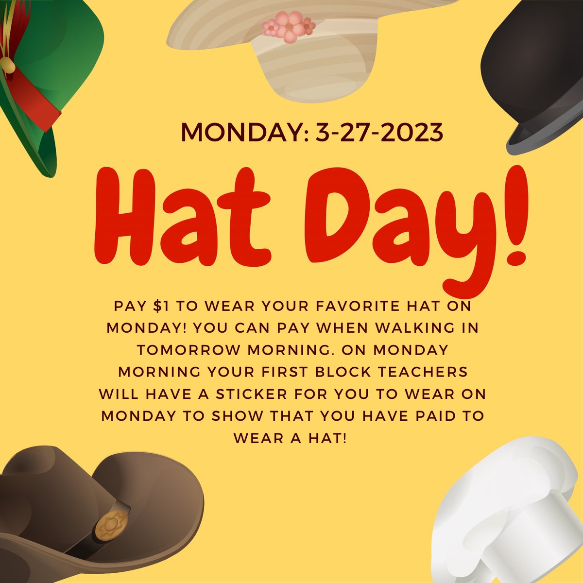 midcarstuco's tweet photo. Let’s kick off spring break spirit week with a bang! Tomorrow is hat day! You can still pay a dollar when walking into school tomorrow morning! We can’t wait to see all the different looks! https://t.co/FMPmB1GwvW