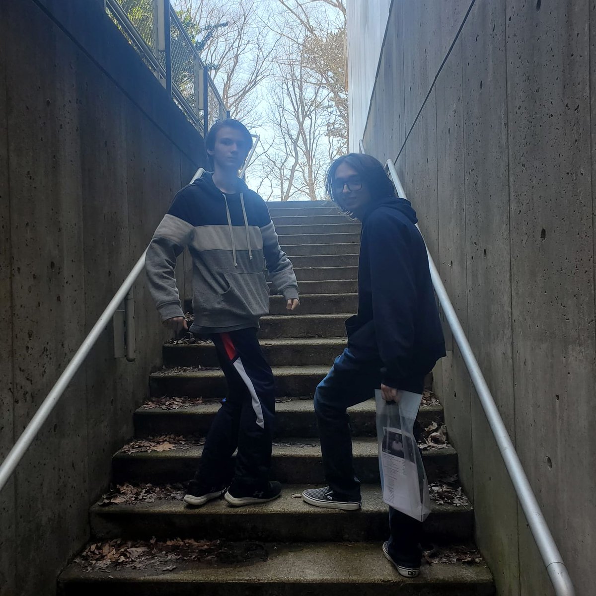 My oldest (right) visited #StocktonU  today kicking off his college search. His bro (left) came along and dad got a picture in the stairwell outside the ET lobby where we had our very first conversation 22 years ago.  Excited at the prospect of a 2nd gen at SU. #DiscoverStockton