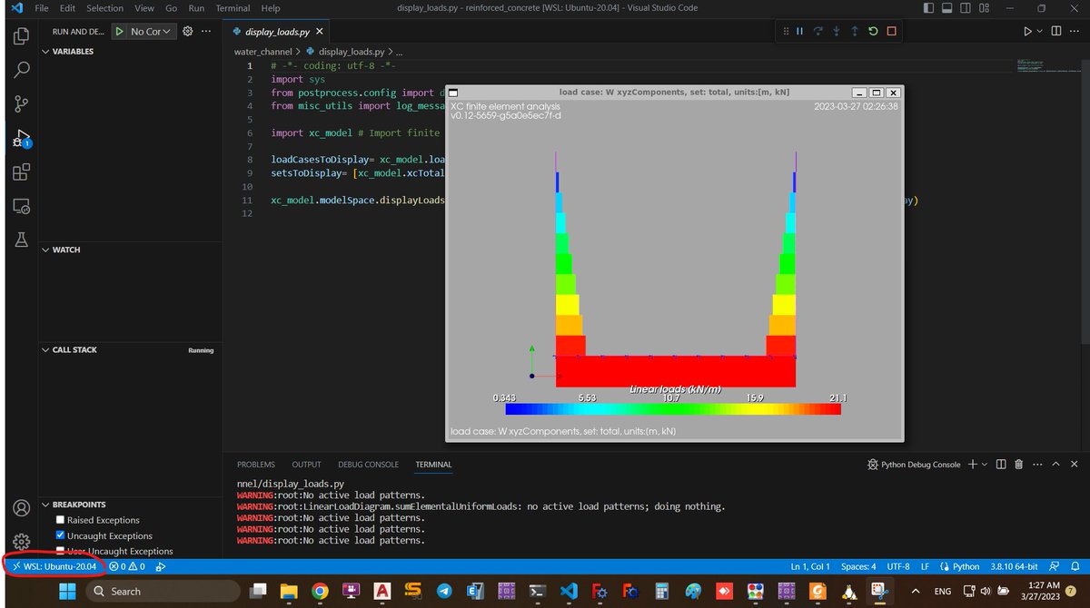 installing #XCFEM software on windows 11 with #WSL technology and debug code with #VSCode with WSL extension.
viewing the water pressure load  in water channel with #vtk output.

github.com/xcfem/xc
github.com/xcfem/xc_examp…
