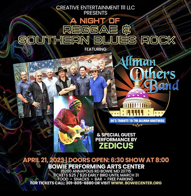 Mark your calendar for Friday, April 21 as we team up with <a href="/ZedicusARC/">Zedicus</a> for a night of reggae and southern blues rock with classic hits by #BobMarley and the #AllmanBrothers at Bowie Center for the Performing Arts. Doors 6:00, show 8:00. Tix &amp; info: bowiecenter.org/event/creative…