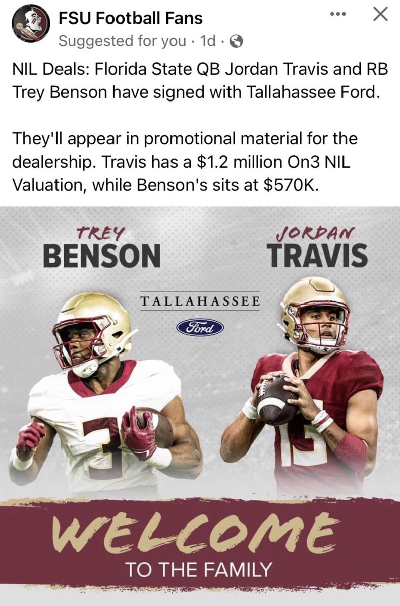 This is exactly what I was hoping for when we passed #NIL laws in Florida (twice!) Deals like this will keep collegiate athletes in college longer to graduate and then seek opportunities in the @NFLDraft. Great work @TallahasseeFord!