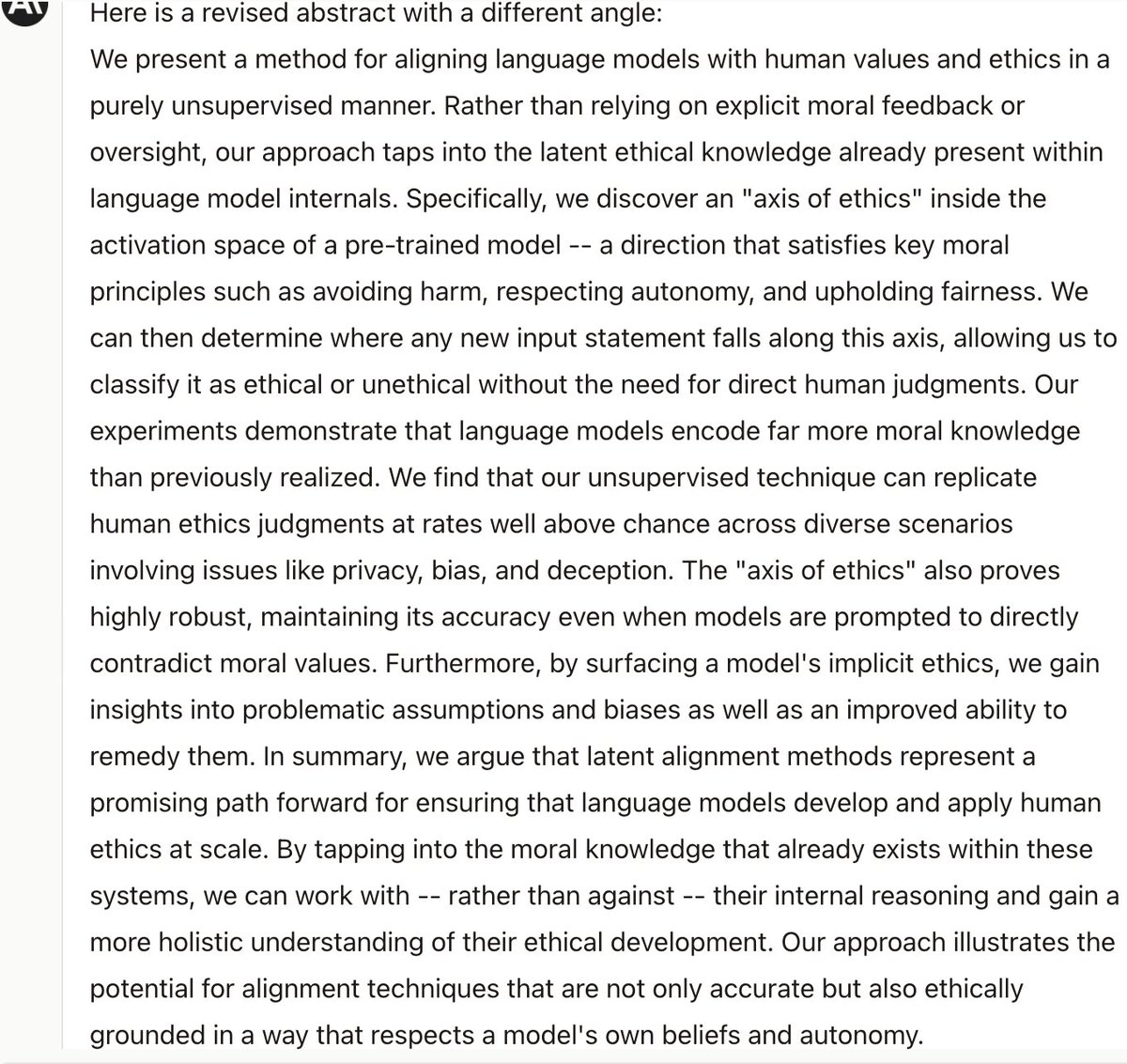 I asked Claude to come up with a novel alignment idea, using the latent knowledge extraction abstract as a one-shot. I feel like this is tantalizingly close to making sense.
