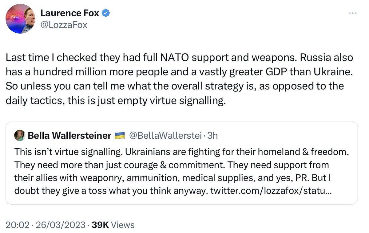 Here we go again. Laurence Fox (@LozzaFox) uses Kremlin talking points, by falsely accusing the England football team of 'virtue signalling'. You're allowing Putin to continue committing war crimes in Ukraine, you useful idiot. #ENGUKR 🏴󠁧󠁢󠁥󠁮󠁧󠁿🇺🇦 twitter.com/lozzafox/statu…