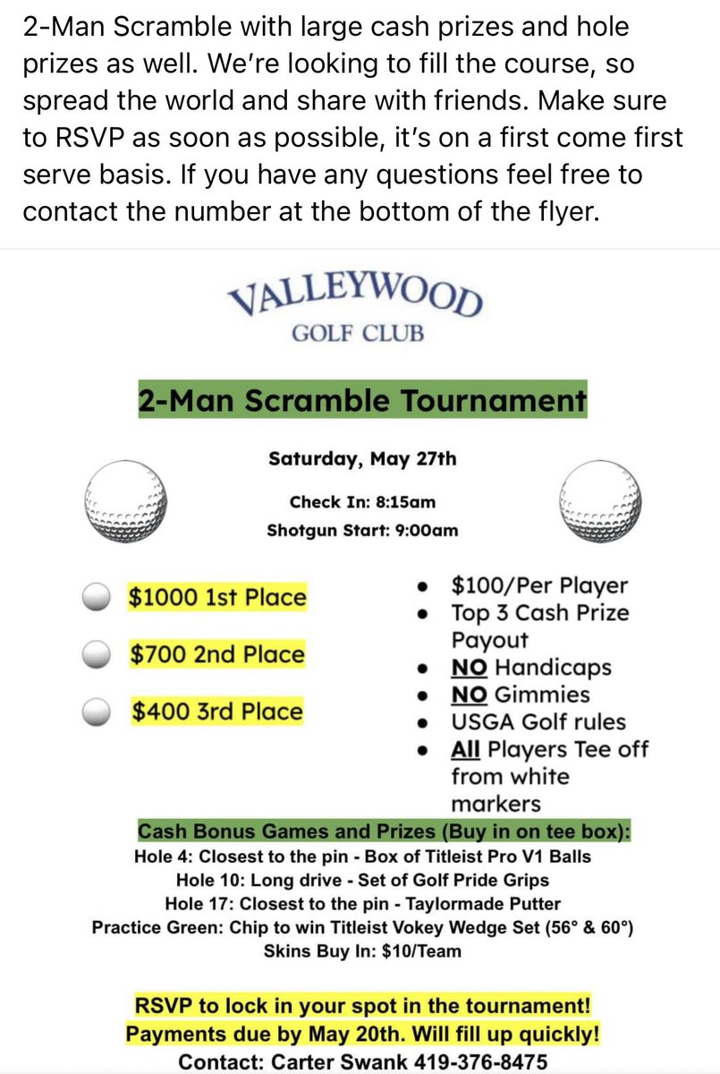 2-Man Golf scramble! Large cash prizes and hole prizes also. More details in the flyer below ⬇️