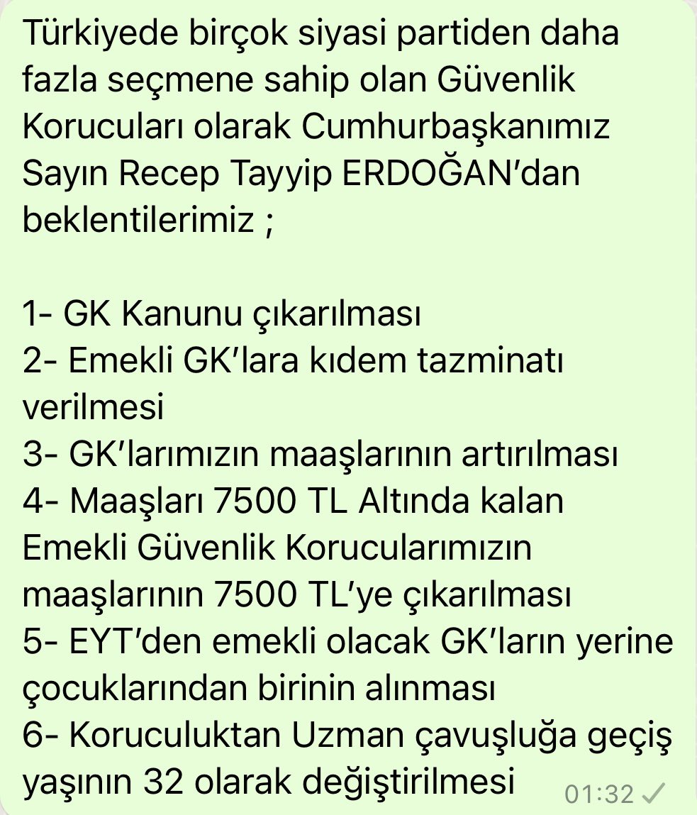 Aileleri ile 1.7 milyon nüfusa sahip olan, birçok siyasi partiden daha çok seçmene sahip olan Güvenlik Korucuları ( GK ) olarak Sayın Cumhurbaşkanımızdan ve Hükümetimizden beklentilerimiz. <a href="/RTErdogan/">Recep Tayyip Erdoğan</a> <a href="/mustafaelitas/">Mustafa Elitaş</a> <a href="/_cevdetyilmaz/">Cevdet Yılmaz</a> <a href="/yilmaztunc/">Yılmaz TUNÇ</a> <a href="/NureddinNebati/">Dr.Nureddin NEBATİ🇹🇷</a>