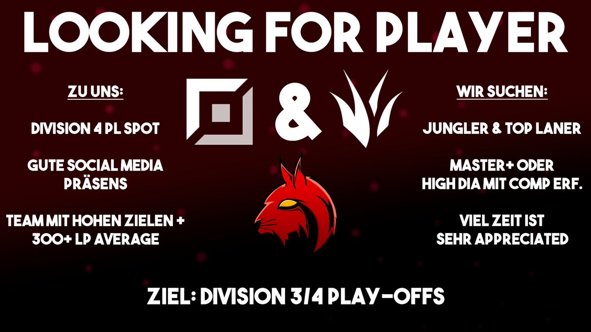 Für unseren nächsten Prime League Div 4 Split suchen wir nun nach Top Laner &amp; Jungler! 

Das Doc zum Bewerben findet ihr unter dem Tweet! 🔽

Retweets &amp; Likes sind sehr appreciated! ❤