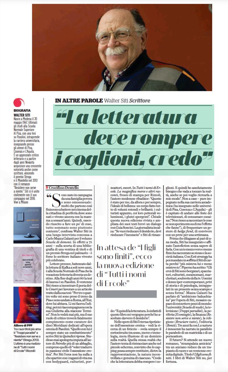 BrianRobMoore's tweet photo. Just another weekend, just another profile saying that Walter Siti is probably "the most celebrated living Italian writer." 💪 
And the anglophones have never even heard of him. https://t.co/3lpXSD1e8g