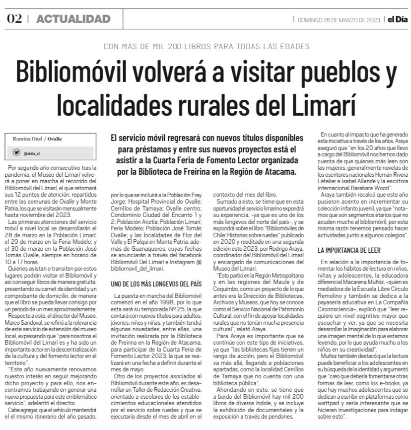 🚌📚 el Bibliomóvil del <a href="/museodellimari/">Museo del Limarí</a> afina detalles antes de iniciar su ruta lectora 2023. Este domingo el Diario <a href="/eldia_cl/">Diario El Día</a> detalló parte de su calendario de actividades. Revisa el recorrido aquí 👇🏻
