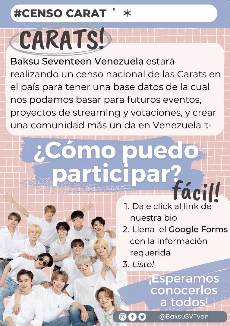 BaksuSVTven's tweet photo. [🗒️CENSO CARAT VENEZUELA]

¡CARATS! Ya hemos abierto el Censo Carat Venezuela 2023 🇻🇪 

Este fue elaborado para tener una base de datos de la cantidad de Carats en el país y así poder elaborar proyectos para el comeback y eventos presenciales!

🔗Link:  https://t.co/6k6gsnL8Pu https://t.co/WZJY4eRTVy