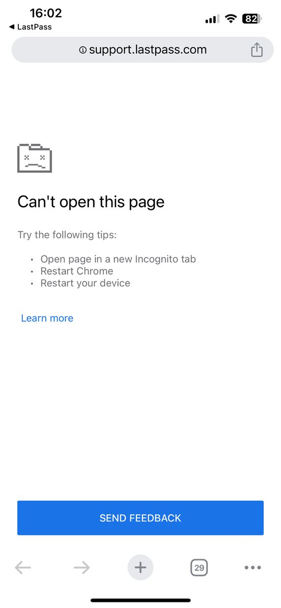 shirkinerd's tweet photo. @LastPass I’m locked out of my account after I reset my master password and your support link is broken https://t.co/AXW2q83WXb
