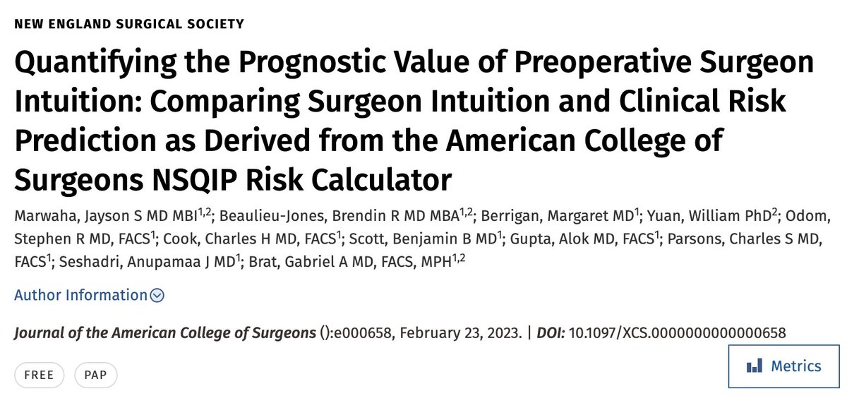 Jayson Marwaha, MD MSc (@jayson_marwaha) on Twitter photo ML & prediction tools are increasingly being used to influence pt care. How should physicians be incorporating these tools in their decision-making safely & effectively?
New in <a href="/acsJACS/">Journal of the American College of Surgeons (JACS)</a>, we propose a way to merge human intuition with statistical models to predict pt outcomes. ML & prediction tools are increasingly being used to influence pt care. How should physicians be incorporating these tools in their decision-making safely & effectively?
New in <a href="/acsJACS/">Journal of the American College of Surgeons (JACS)</a>, we propose a way to merge human intuition with statistical models to predict pt outcomes.