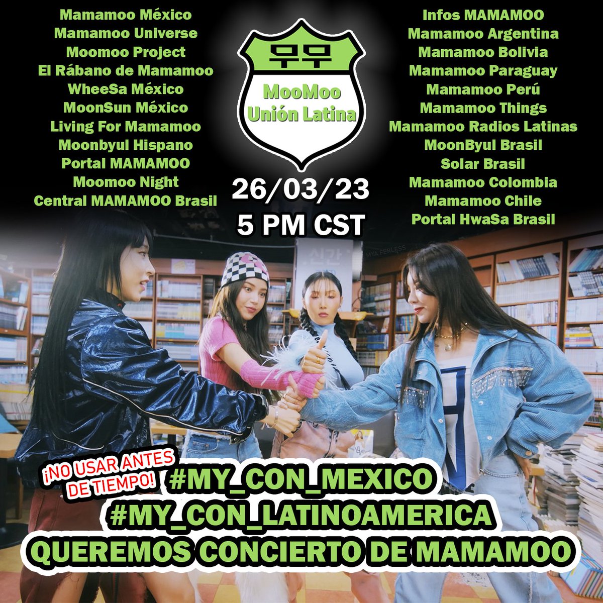 BrasilMOO's tweet photo. MooMoos, começa agora o mutirão do barulho para trazer o MAMAMOO para terras latinas!

Usem as tags: 
#MY_CON_LATINOAMERICA 
#MY_CON_MEXICO 
MAMAMOO COME TO BRAZIL

E participem interagindo + divulgando o projeto. https://t.co/PBqne8NAaC
