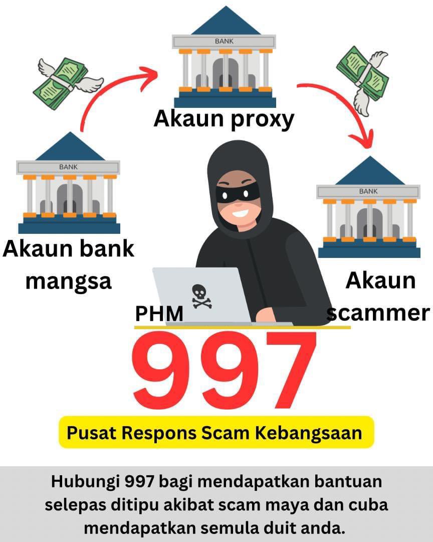 Nak beli PS5 harga RM1000? Lepas bank in, seller block?

Segera telefon 997. Perkhidmatan yang disediakan hasil kerjasama Bank Negara, PDRM, SKMM dan Pusat Pencegahan Jenayah Kewangan Nasional dan bank-bank dan telco.  

Nombor 3 digit yang mudah diingat dan perlu disimpan