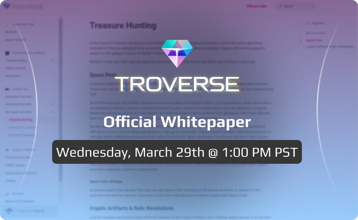 PlayTroverse's tweet image. Curious to know what Treasure Hunting means in #Troverse and how it leads to revealing the Galaxy's secrets? 💎🌌

🗓️Mark your calendars, Tromies! The official Troverse Whitepaper drops on:

👉Wednesday, March 29th @ 1:00 PM PST

Who's excited?🤩🔥

#NFT #Metaverse #Web3 #GameFi
