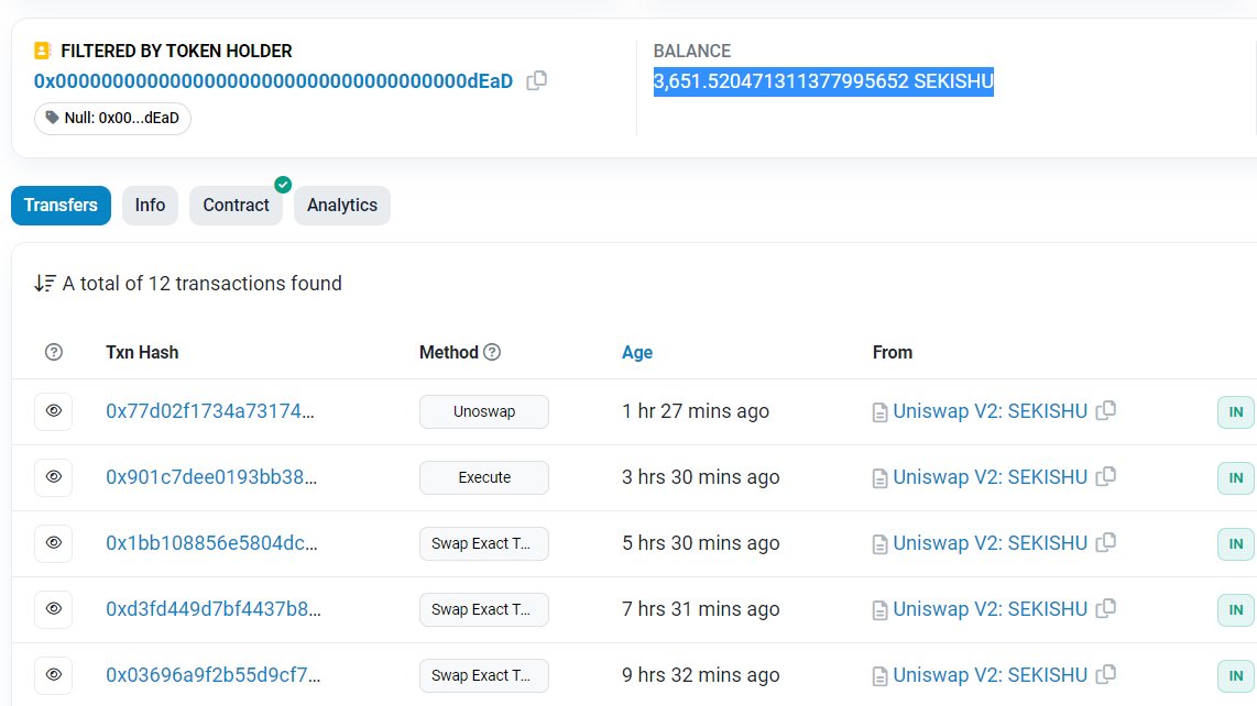 3,651 $SEKISHU auto burnt in the first 24 hours. Imagine in one months time? #SEKISHU #KISHU #SHIBARIUM