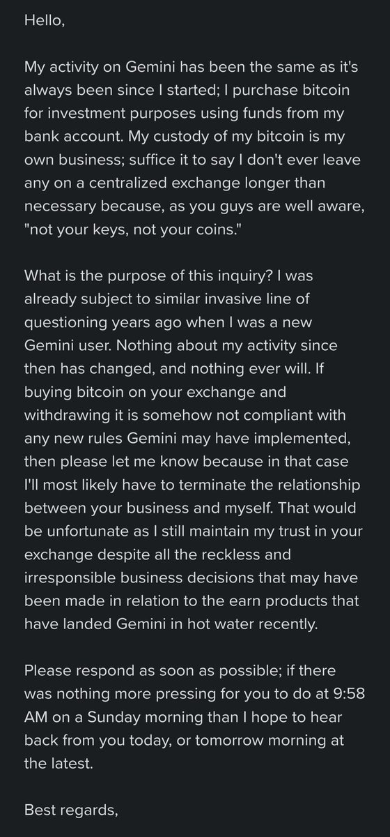 AmishBTC's tweet photo. Are these fuckers serious? You can laugh at me for responding with anything more than a "gfy", but I'm more interested to see how they respond than anything else. As a NYS resident I'm used to jumping through #aml/#kyc hoops but this is ridiculous, @Gemini. @tyler @cameron https://t.co/VGo0C0GzIE