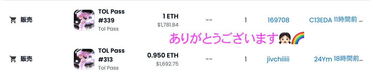 OL20225358's tweet photo. 昨日のTOL Passは二次流通が2件発生、トータルボリュームが10ETHを超えた記念日となりました🎂

TOL Passはリリースからまだ1週間ですが、早くも4件のAL配布✨

他のプロジェクトからお話がいただけるのは、TOL Pass保有者さんが「もらったものを大切にする」できているから✨

ありがとうございます😭 https://t.co/AYbNsDwetL