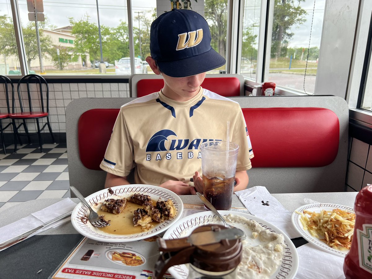 MelissaHelmly's tweet photo. When your boy asks for Waffle House after a tough loss, you go drown your sorrows in a chocolate chip waffle and some hash browns. 🧇 #boymom #baseballlife #travelball #wavebaseball #trubaseball #myboy https://t.co/Zg1k8c44au