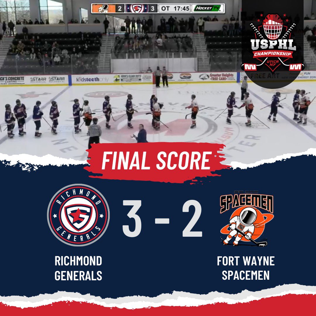 RVAGenerals's tweet photo. The Richmond Generals defeat the Fort Wayne Spacemen in a thrilling 3-2 OT victory and advance to the @USPHL Nationals Semi Finals

🚨 Beiber, Farley, Petite
🍏 Correia, McCabe, Haunstoft 
🥅 Lenny Perno

#RollGens #USPHLPremier #USPHLNationals @The_DanKShow https://t.co/qkafcH7GcX