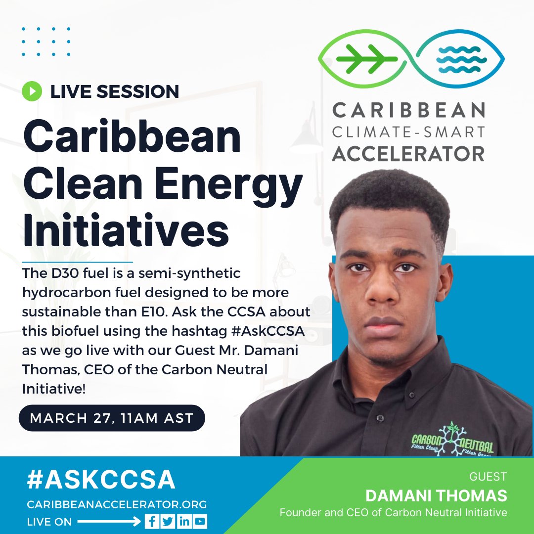 ccs_accelerator's tweet photo. #AskCCSA as we go live with our Guest Mr. Damani Thomas, CEO of the Carbon Neutral Initiative! Subscribe to the #CCSA Youtube and click the notification bell to be alerted when we go live! https://t.co/tYBzbSdx5Y https://t.co/abgop6diJZ