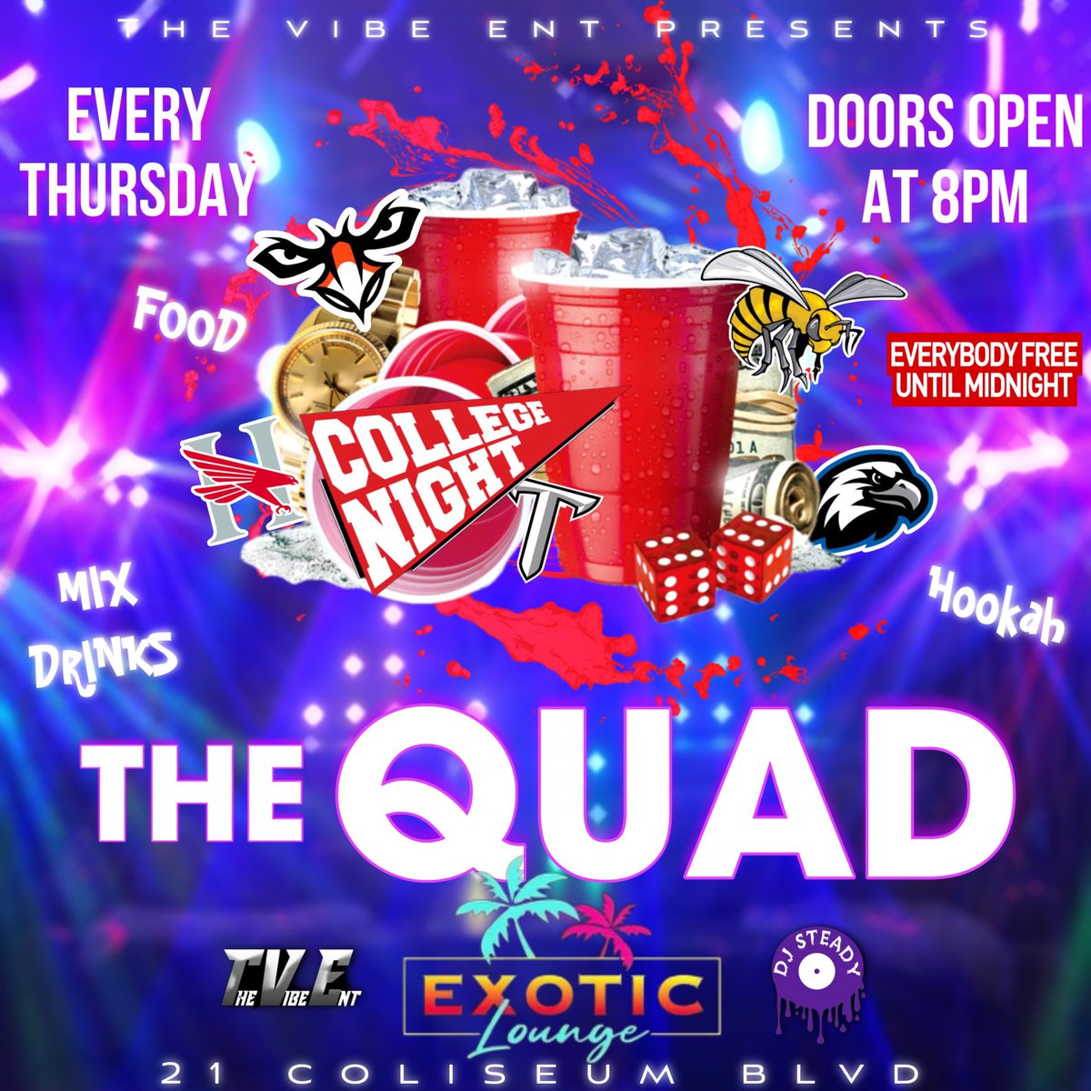 THURSDAY EVERY CAMPUS LEADS TO THE QUAD 📓 FOR COLLEGE NIGHT AT EXOTIC LOUNGE 🌴

DOORS OPEN AT 8 ❗️EVERYONE FREE UNTIL MIDNIGHT 🗣️

$5 MIX DRINKS, HOOKAHS , FOOD &amp; 420 friendly 

We got <a href="/Retro_Steady/">Dj Steady 💜</a> on the mix 🎧
#thequad #wevibedifferent #collegenight #goddid